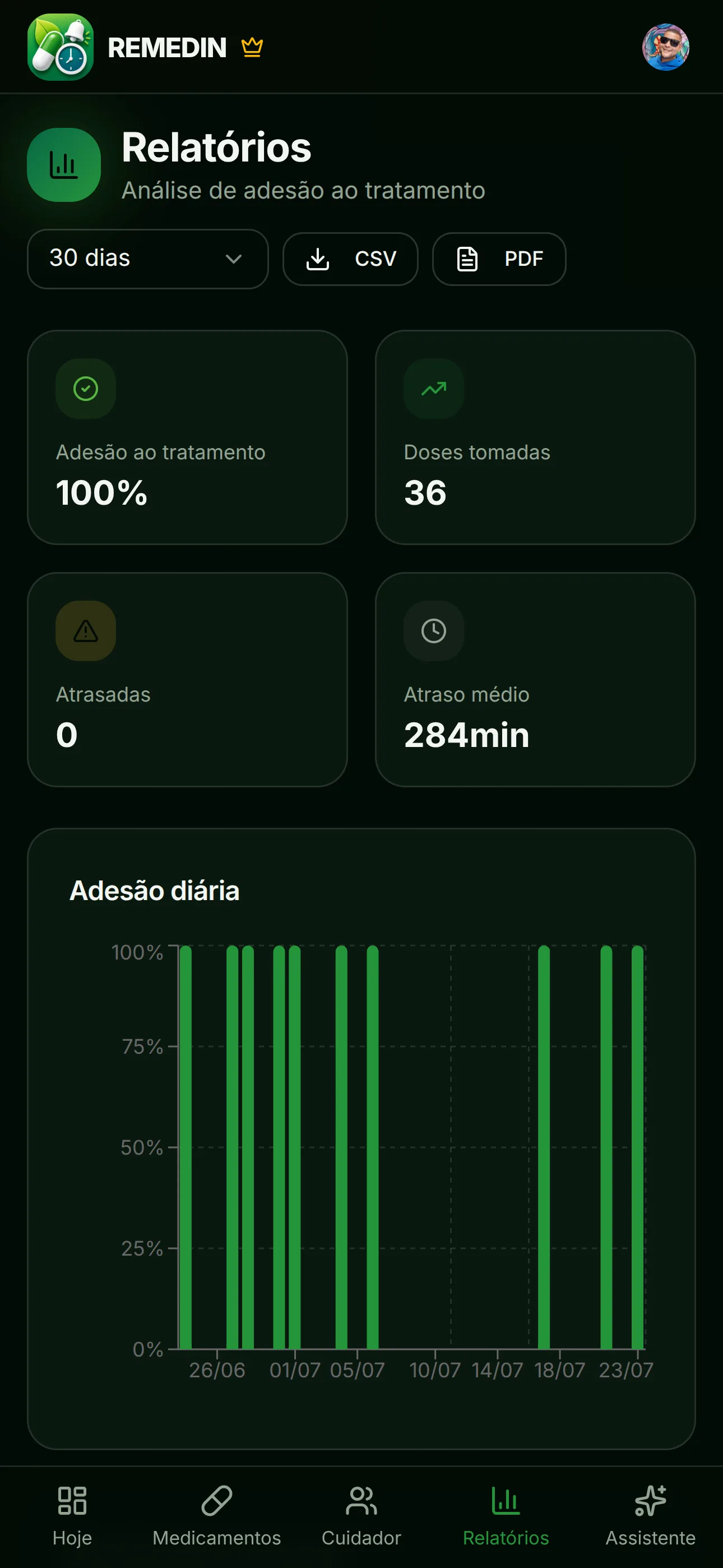 Tela de relatórios do Remedin com métricas, gráfico e opções de exportação